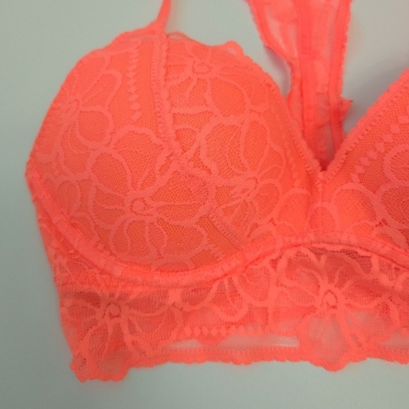 NWOT PINK Victoria's Secret Neon Coral Orange Push-Up Lace Racerback Bra- Small - Picture 3 of 5